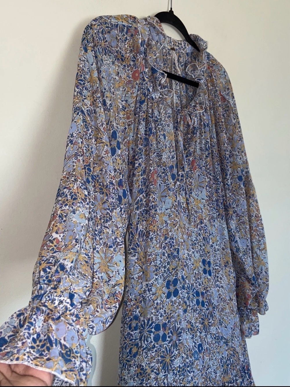 Free People Feeling Groovy Boho Maxi Dress Sz L Sheer Flowy Ruffle Beach Tiered - Picture 5 of 13